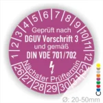 Prüfsiegel für elektrische Geräte, geprüft nach DGUV Vorschrift 3 und DIN VDE 701/702, mit Angaben zum nächsten Prüftermin und einem Durchmesser von 20-50 mm.