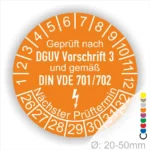 Prüfziffernblatt für elektrische Geräte, geprüft nach DGUV Vorschrift 3 und DIN VDE 701/702, mit Angaben zum nächsten Prüftermin und Durchmesser von 20-50 mm.