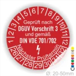 Prüfsiegel für elektrische Geräte, geprüft nach DGUV Vorschrift 3 und DIN VDE 701/702, mit Angabe des nächsten Prüftermins und einem Durchmesser von 20-50 mm.