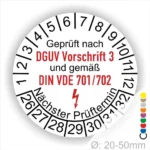 Prüfsiegel für elektrische Geräte, das die Einhaltung der DGUV Vorschrift 3 und der DIN VDE 701/702 bestätigt. Das Siegel zeigt den nächsten Prüftermin und ist für Geräte mit einem Durchmesser von 20-50 mm geeignet.