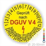 Prüfplakette rund mit Text geprüft nach DGUV V 4 danach Elektropfeil in Rot und Text Nächster Prüftermin. Plaketten Farbe- Gelb und Text in Schwarz ausser DGUV V3 in Rot. Monatszahlen oben und Jahreszahlen unten beginnend mit Startjahr- 26. Durchmesser 20-50mm frei wählbar.