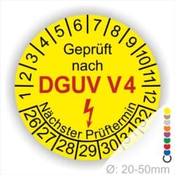 Prüfplakette rund mit Text geprüft nach DGUV V 4 danach Elektropfeil in Rot und Text Nächster Prüftermin. Plaketten Farbe- Gelb und Text in Schwarz ausser DGUV V3 in Rot. Monatszahlen oben und Jahreszahlen unten beginnend mit Startjahr- 26. Durchmesser 20-50mm frei wählbar.