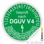 Prüfplakette rund mit Text geprüft nach DGUV V 4 danach Elektropfeil und Text Nächster Prüftermin. Plaketten Farbe- Grün und Text in Weiß. Monatszahlen oben und Jahreszahlen unten beginnend mit Startjahr- 26. Durchmesser 20-50mm frei wählbar.