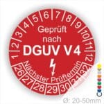Prüfplakette rund mit Text geprüft nach DGUV V 4 danach Elektropfeil und Text Nächster Prüftermin. Plaketten Farbe- Rot und Text in Weiß. Monatszahlen oben und Jahreszahlen unten beginnend mit Startjahr- 26. Durchmesser 20-50mm frei wählbar.