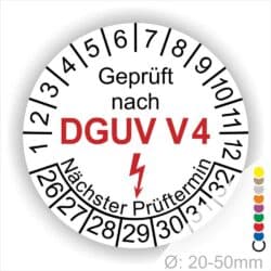 Prüfplakette rund mit Text geprüft nach DGUV V 4 danach Elektropfeil in Rot und Text Nächster Prüftermin. Plaketten Farbe- Weiß und Text in Schwarz ausser DGUV V3 in Rot. Monatszahlen oben und Jahreszahlen unten beginnend mit Startjahr- 26. Durchmesser 20-50mm frei wählbar.