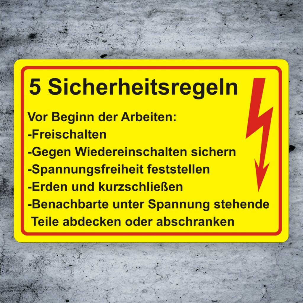 Hinweis- Schild Elektro Die 5 Sicherheitsregeln - PrintEngel