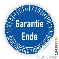Prüfetiketten, Prüfaukleber rund, Farbe- Blau, Text auf Englisch "Garantie Ende" in Weiß. Startjahr- 24, Monatszahlen Oben und Jahreszahlen Unten in Kreisform.