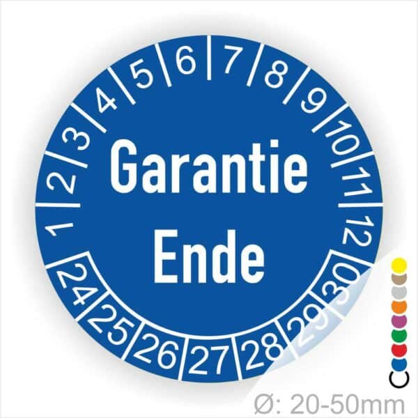 Prüfetiketten, Prüfaukleber rund, Farbe- Blau, Text auf Englisch "Garantie Ende" in Weiß. Startjahr- 24, Monatszahlen Oben und Jahreszahlen Unten in Kreisform.