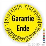 Prüfetiketten, Prüfaukleber rund, Farbe- Gelb, Text auf Englisch "Garantie Ende" in Schwarz. Startjahr- 24, Monatszahlen Oben und Jahreszahlen Unten in Kreisform.