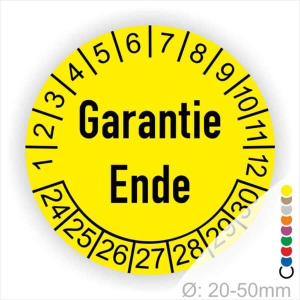 Prüfetiketten, Prüfaukleber rund, Farbe- Gelb, Text auf Englisch "Garantie Ende" in Schwarz. Startjahr- 24, Monatszahlen Oben und Jahreszahlen Unten in Kreisform.