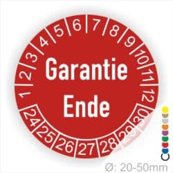 Prüfetiketten, Prüfaukleber rund, Farbe- Rot, Text auf Englisch "Garantie Ende" in Weiß. Startjahr- 24, Monatszahlen Oben und Jahreszahlen Unten in Kreisform.