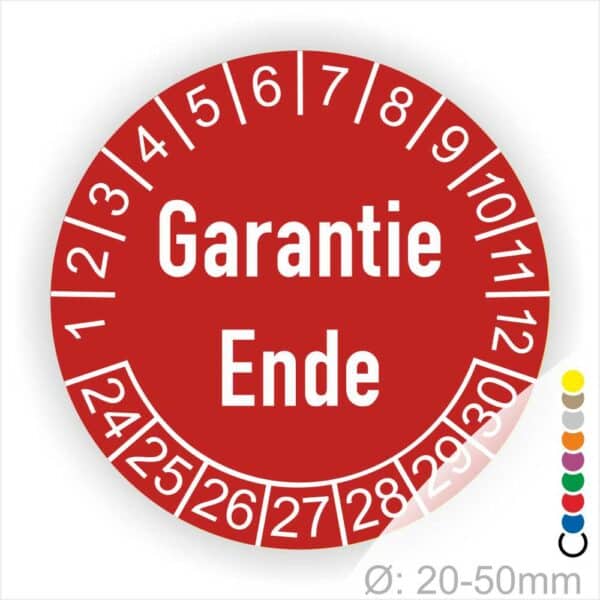 Prüfetiketten, Prüfaukleber rund, Farbe- Rot, Text auf Englisch "Garantie Ende" in Weiß. Startjahr- 24, Monatszahlen Oben und Jahreszahlen Unten in Kreisform.