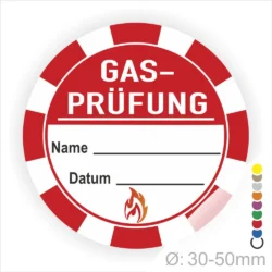 Gas-Prüfung Prüfplakette rot rund mit Beschriftungsfeld für Name und Datum – selbstklebender Gasprüfaufkleber Ø 30–50 mm.