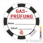 Runder Aufkleber für Gasprüfung mit Platz für Name und Datum, Durchmesser 30-50 mm, Sicherheitskennzeichnung mit Flamme.