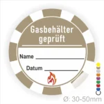 Aufkleber zur Prüfung von Gasbehältern mit Platz für Name und Datum, Durchmesser 30-50 mm, Sicherheitszeichen mit Flamme.