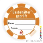 Sicherheitsaufkleber für Gasbehälter mit der Aufschrift "Gasbehälter geprüft", Platz für Name und Datum, Feuer-Symbol, Durchmesser 30-50 mm.