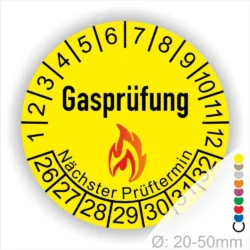 Gelbes Gasprüfungslabel mit dem Text "Gasprüfung" und "Nächster Prüftermin" Kennzeichnung der nächsten Gasprüfung mit Feuer-Icon und Zahlen von 1 bis 12 Monatszahlen und 26-32 Jahreszahlen. Ideal für die Sicherheit von Gasinstallationen. Durchmesser 20-50 mm.