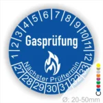 Blaues Prüfzeichen für Gasprüfungen mit den Monaten und den nächsten Prüfungsterminen, Durchmesser 20-50 mm.