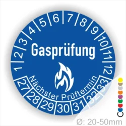 Blaues Prüfzeichen für Gasprüfungen mit den Monaten und den nächsten Prüfungsterminen, Durchmesser 20-50 mm.