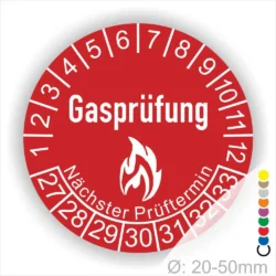 Gasprüfung Prüfplakette rot mit Flammensymbol, Monatsring 1–12 und Jahresfeld ab 2027 zur Kennzeichnung des nächsten Prüftermins bei Gasinstallationen