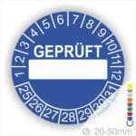 Pruefplaketten Geprueft mit Beschriftungsfeld Startjahr- 25 Monatszahlen Oben und Jahreszahlen Unten in Kreisform Farbe- Blau