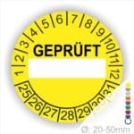 Pruefplaketten Geprueft mit Beschriftungsfeld Startjahr- 25 Monatszahlen Oben und Jahreszahlen Unten in Kreisform in Schwarz.