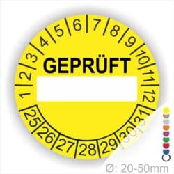 Pruefplaketten Geprueft mit Beschriftungsfeld Startjahr- 25 Monatszahlen Oben und Jahreszahlen Unten in Kreisform in Schwarz.
