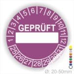 Prüfplaketten rund Text "GEPRÜFT" mit Beschriftungfeld Startjahr- 25 Monatszahlen Oben und Jahreszahlen Unten in Kreisform Farbe- Lila