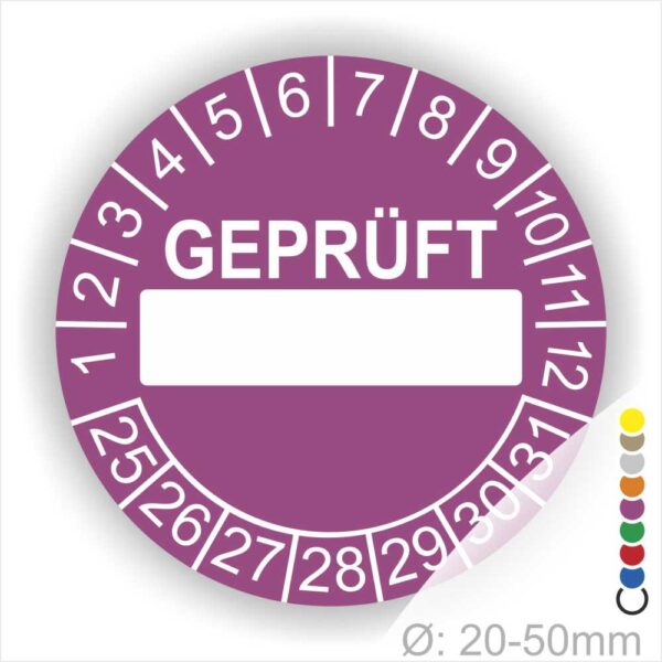 Prüfplaketten rund Text "GEPRÜFT" mit Beschriftungfeld Startjahr- 25 Monatszahlen Oben und Jahreszahlen Unten in Kreisform Farbe- Lila