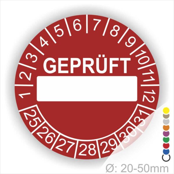 Pruefplaketten Geprueft mit Beschriftungsfeld Startjahr- 25 Monatszahlen Oben und Jahreszahlen Unten in Kreisform Farbe- Rot