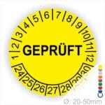 Prüfplakette rund, Farbe- Gelb, Text "GEPRÜFT" in Schwarz. Startjahr- 24, Monatszahlen Oben und Jahreszahlen Unten in Kreisform.