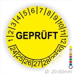 Prüfplakette rund, Farbe- Gelb, Text "GEPRÜFT" in Schwarz. Startjahr- 24, Monatszahlen Oben und Jahreszahlen Unten in Kreisform.