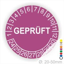 Prüfplakette rund, Farbe- Lila, Text "GEPRÜFT" in Weiß. Startjahr- 24, Monatszahlen Oben und Jahreszahlen Unten in Kreisform.