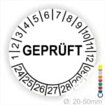 Prüfplakette rund, Farbe- Weiß, Text "GEPRÜFT" in Schwarz. Startjahr- 24, Monatszahlen Oben und Jahreszahlen Unten in Kreisform.