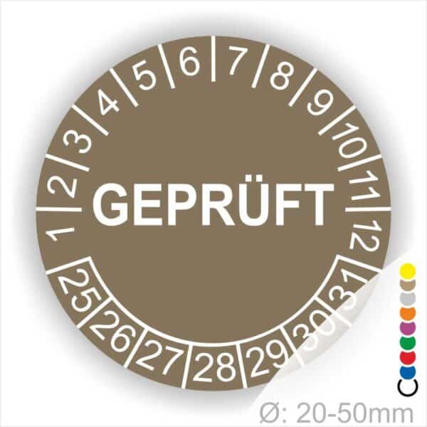 Prüfplakette rund, Farbe- Blau, Text "GEPRÜFT" in Weiß. Startjahr- 25 Monatszahlen Oben und Jahreszahlen Unten in Kreisform.
