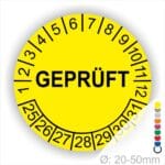 Prüfplakette rund, Farbe- Blau, Text "GEPRÜFT" in Weiß. Startjahr- 25 Monatszahlen Oben und Jahreszahlen Unten in Kreisform.