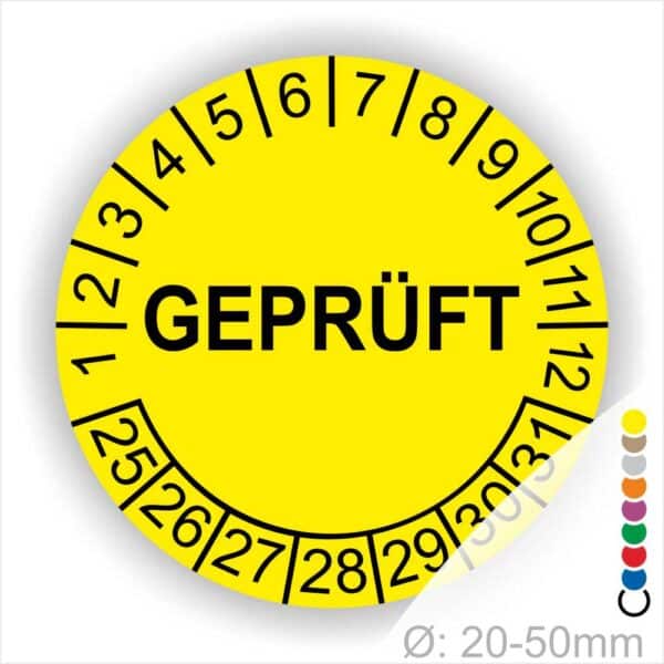 Prüfplakette rund, Farbe- Blau, Text "GEPRÜFT" in Weiß. Startjahr- 25 Monatszahlen Oben und Jahreszahlen Unten in Kreisform.