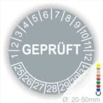 Prüfplakette rund, Farbe- Blau, Text "GEPRÜFT" in Weiß. Startjahr- 25 Monatszahlen Oben und Jahreszahlen Unten in Kreisform.