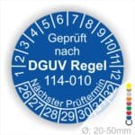 Prüfplakette ,Prüfaufkleber rund mit Text geprüft nach DGUV Regel 114-010 Nächster Prüftermin. Plaketten Farbe- Blau und Text in Weiss. Monatszahlen oben und Jahreszahlen unten beginnend mit Startjahr- 26