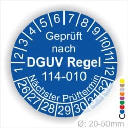 Prüfplakette ,Prüfaufkleber rund mit Text geprüft nach DGUV Regel 114-010 Nächster Prüftermin. Plaketten Farbe- Blau und Text in Weiss. Monatszahlen oben und Jahreszahlen unten beginnend mit Startjahr- 26