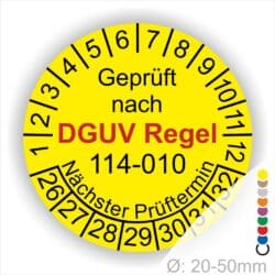 Prüfplakette rund mit Text geprüft nach DGUV Regel 114-010 Nächster Prüftermin. Plaketten Farbe- Gelb und Text in Schwarz. Monatszahlen oben und Jahreszahlen unten beginnend mit Startjahr- 26 für die Container-Prüfungen Austauschbare Kipp- und Absetzbehälter