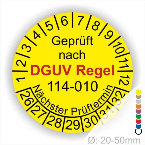 Prüfplakette rund mit Text geprüft nach DGUV Regel 114-010 Nächster Prüftermin. Plaketten Farbe- Gelb und Text in Schwarz. Monatszahlen oben und Jahreszahlen unten beginnend mit Startjahr- 26 für die Container-Prüfungen Austauschbare Kipp- und Absetzbehälter