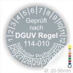 Prüfplakette, Wartungsplakette rund mit Text geprüft nach DGUV Regel 114-010 Nächster Prüftermin. Plaketten Farbe- Grau und Text in Weiss. Monatszahlen oben und Jahreszahlen unten beginnend mit Startjahr- 26
