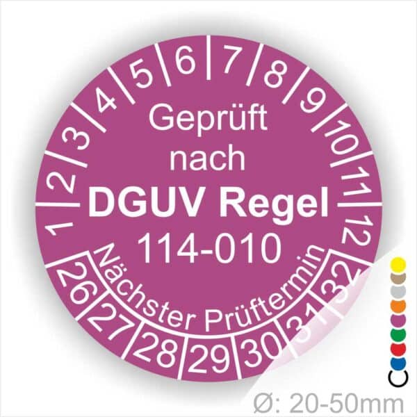Prüfplakette, Prüfsticker rund mit Text geprüft nach DGUV Regel 114-010 Nächster Prüftermin. Plaketten Farbe- Lila und Text in Weiss. Monatszahlen oben und Jahreszahlen unten beginnend mit Startjahr- 26