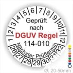Prüfplakette, Wartungssiegel rund mit Text geprüft nach DGUV Regel 114-010 Nächster Prüftermin. Plaketten Farbe- Weiß und Text in Schwarz. Monatszahlen oben und Jahreszahlen unten beginnend mit Startjahr- 26
