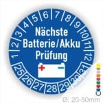 Batterie Akku Prüfung Prüfplaketten, Mehrjahresplakette rund, Farbe- Blau, Text "Nächste Batterie/Akku Prüfung" in Weiss. Icon Batterie, Startjahr- 25, Monatszahlen Oben und Jahreszahlen Unten in Kreisform.