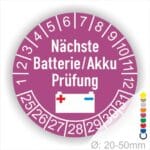 Prüfplaketten, Mehrjahresplakette rund, Farbe- Lila, Text "Nächste Batterie/Akku Prüfung" in Weiss. Icon Batterie, Startjahr- 25, Monatszahlen Oben und Jahreszahlen Unten in Kreisform.