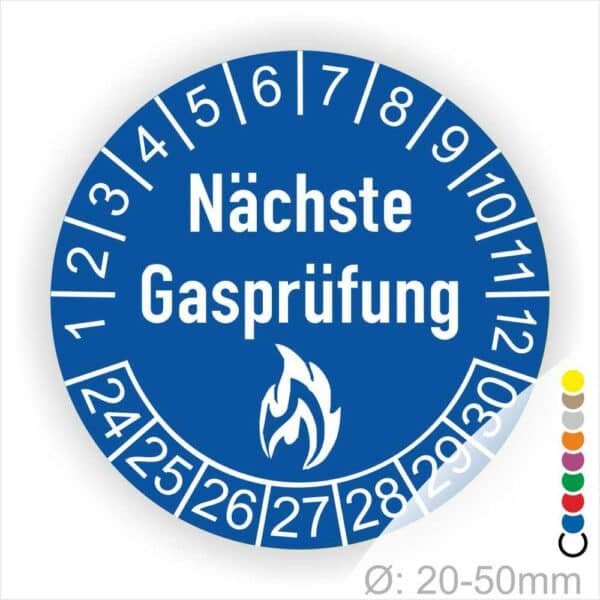 Prüfplaketten rund, Farbe- Blau, Text "Nächste Gasprüfung" in Weiß danach eine Flamme als Pictogramm oder Icon in Weiß, Startjahr- 24, Monatszahlen Oben und Jahreszahlen Unten in Kreisform.