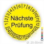 Prüfplaketten, Prüfetiketten rund, Farbe- Gelb, Text "Nächste Prüfung" in Schwarz. Startjahr- 24, Monatszahlen Oben und Jahreszahlen Unten in Kreisform.