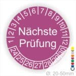 Prüfplaketten, Prüfetiketten rund, Farbe- Lila, Text "Nächste Prüfung" in Weiß. Startjahr- 24, Monatszahlen Oben und Jahreszahlen Unten in Kreisform.